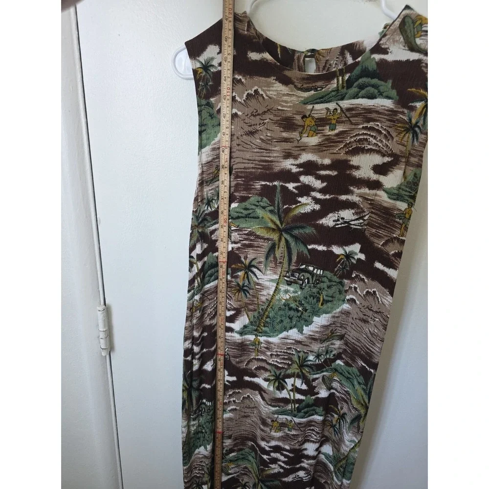 Vintage‎ Tropical Hawaiian Scenic Print Sleeveless Maxi Dress Brown Green Tan
